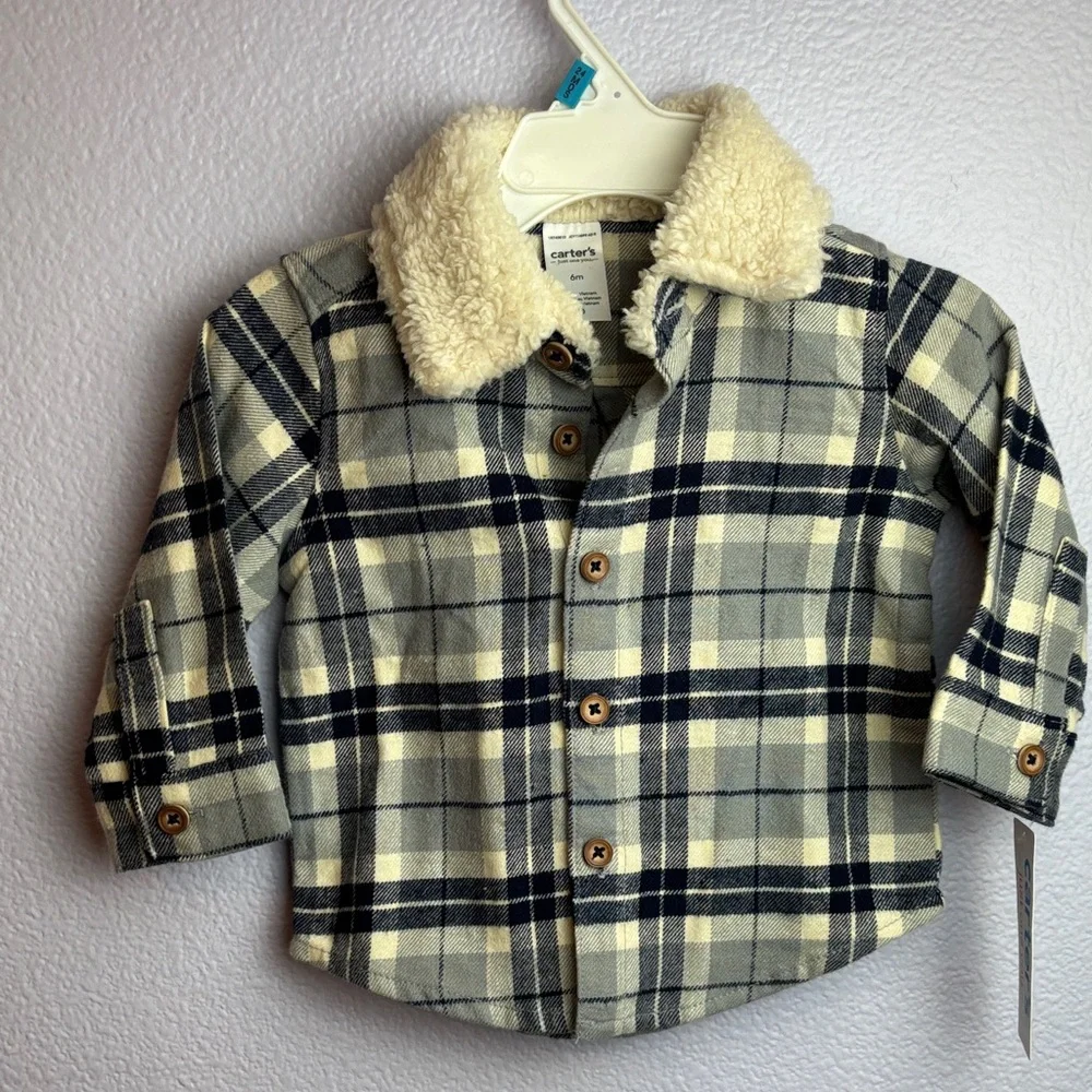 Carter's Blue and Cream Plaid Flannel Shirt with Fleece Collar